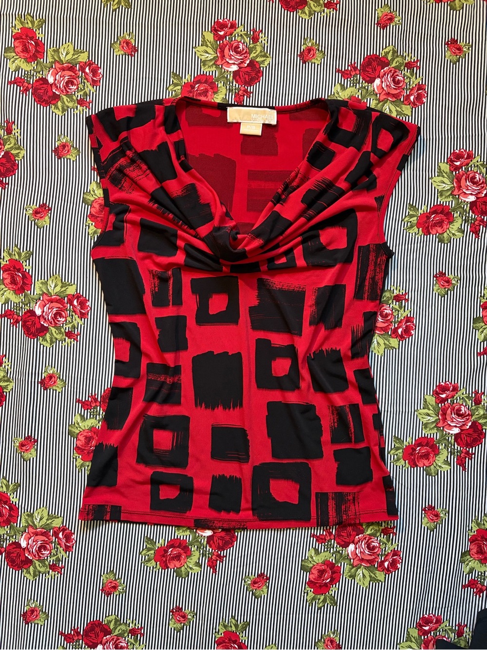 MICHAEL Michael Kors Red and Black Geometric Cowl-Neck Top